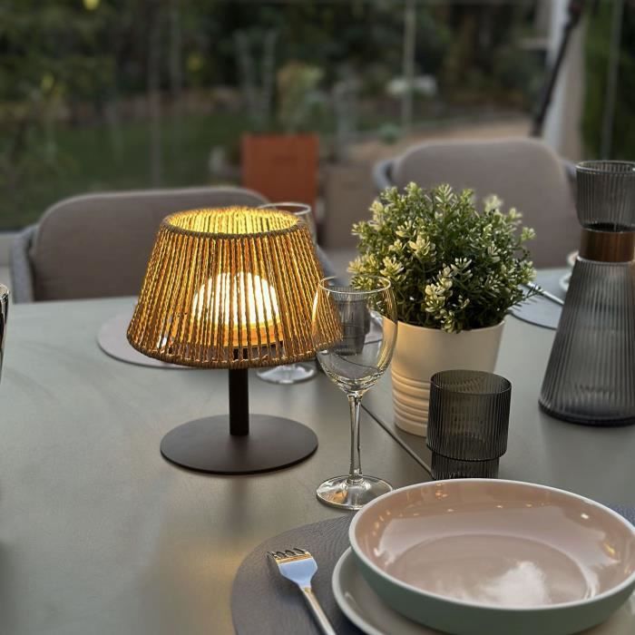 Lampe de table sans fil - LUMISKY - STANDY MINI RAFFY - H22 cm - Raphia naturel - LED blanc chaud et blanc LUMISKY