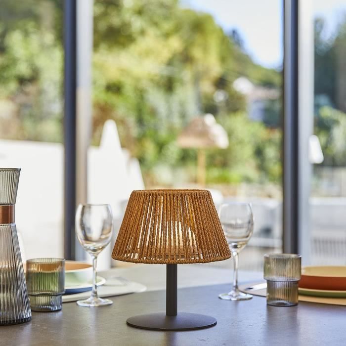 Lampe de table sans fil - LUMISKY - STANDY MINI RAFFY - H22 cm - Raphia naturel - LED blanc chaud et blanc LUMISKY