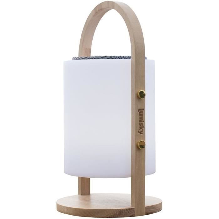 Lampe enceinte bluetooth sans fil - LUMISKY - WOODY PLAY - H37 cm - Poignée bois - LED blanc et multicolore dimmable LUMISKY