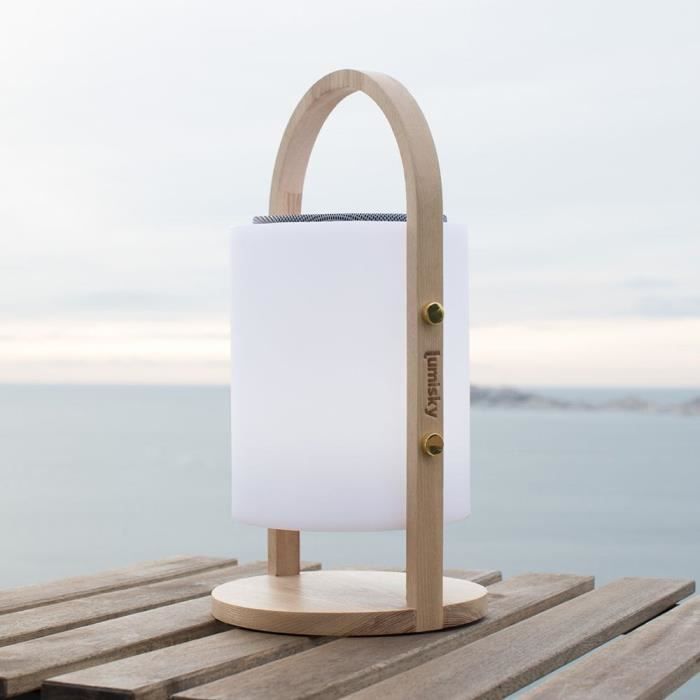 Lampe enceinte bluetooth sans fil - LUMISKY - WOODY PLAY - H37 cm - Poignée bois - LED blanc et multicolore dimmable LUMISKY