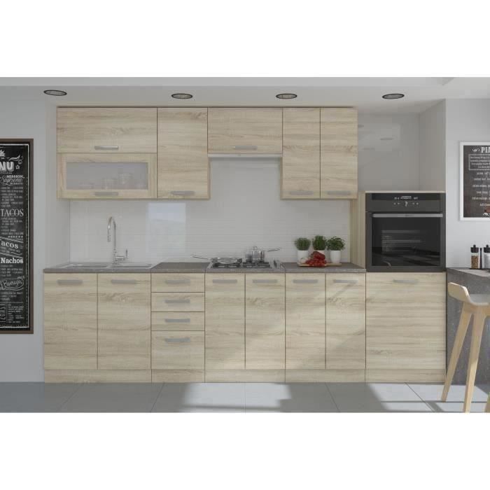 LASSEN Cuisine complete L 300 cm avec demi-colonne four et hotte - Décor chene sonoma