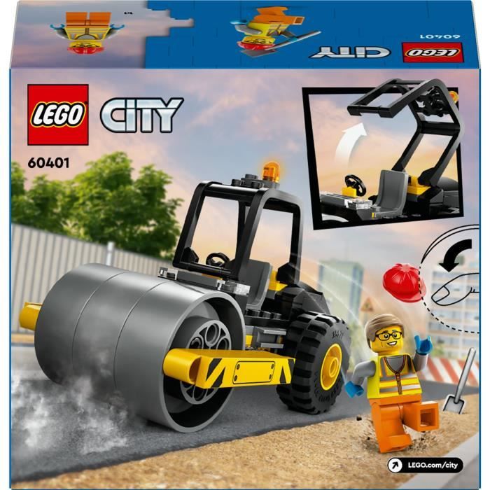 LEGO 60401 City Le Rouleau Compresseur de Chantier Maquette de Jouet de Camion avec Minifigurines d’Ouvrier