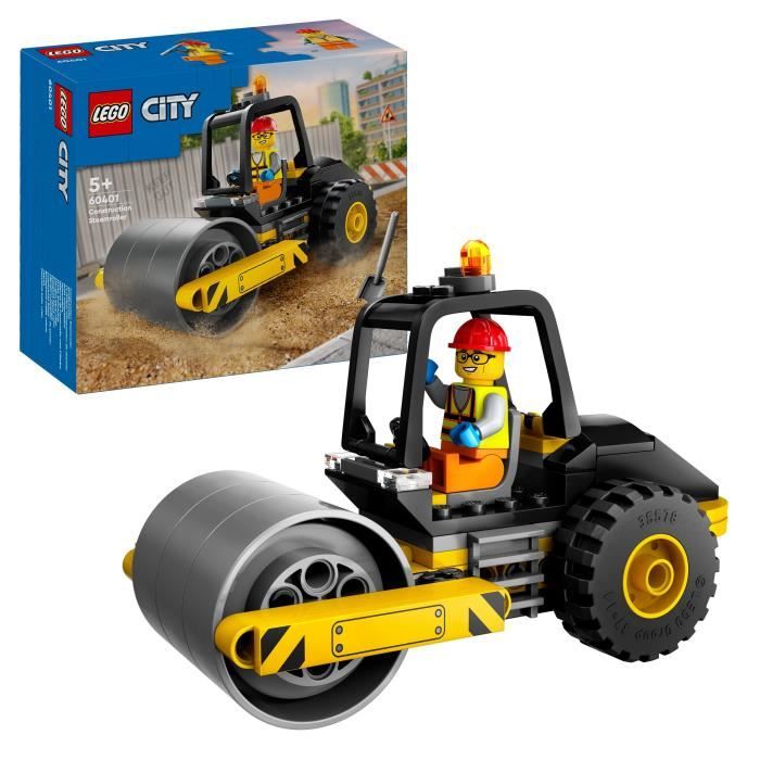 LEGO 60401 City Le Rouleau Compresseur de Chantier Maquette de Jouet de Camion avec Minifigurines d’Ouvrier