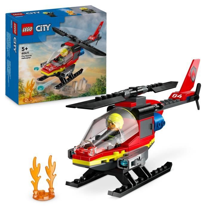 LEGO 60411 City L’Hélicoptere de Secours des Pompiers Jouet avec Minifigurines de Pilote Pompier Cadeau pour Enfants