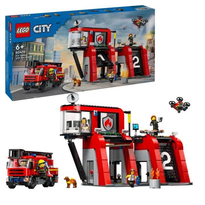 LEGO 60414 City La Caserne et le Camion de Pompiers Jouet de Figurine de Chien et 5 Minifigurines Cadeau Enfants