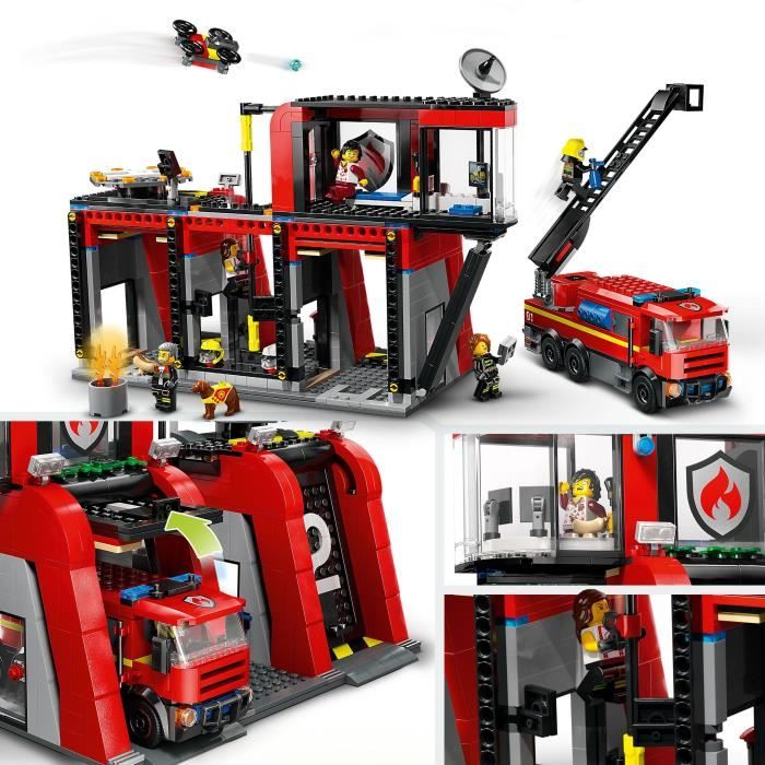 LEGO 60414 City La Caserne et le Camion de Pompiers Jouet de Figurine de Chien et 5 Minifigurines Cadeau Enfants