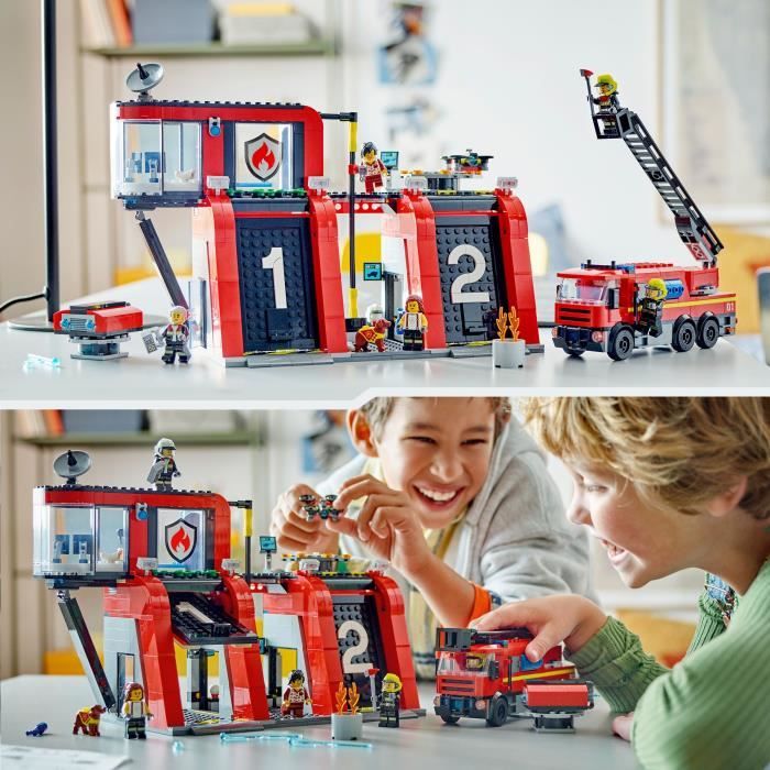 LEGO 60414 City La Caserne et le Camion de Pompiers Jouet de Figurine de Chien et 5 Minifigurines Cadeau Enfants