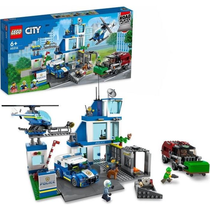 LEGO City 60316 Le Commissariat de Police Jouet Hélicoptere Voiture de Police Chien Figurine Camion Poubelle Jouet