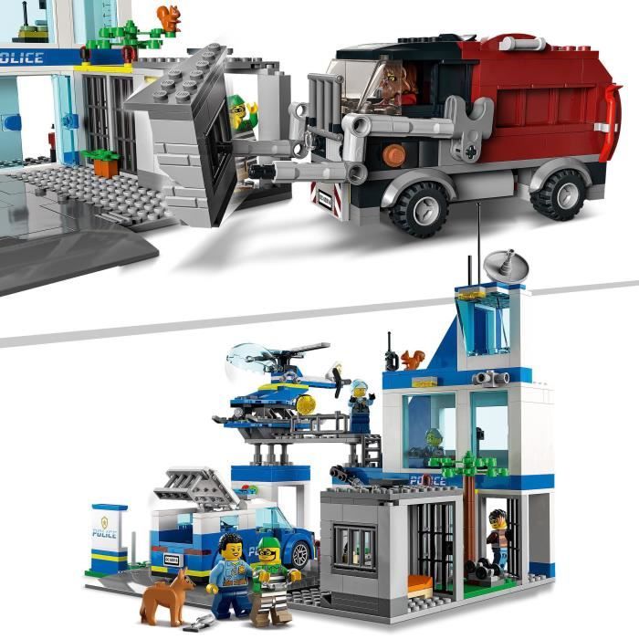 LEGO City 60316 Le Commissariat de Police Jouet Hélicoptere Voiture de Police Chien Figurine Camion Poubelle Jouet