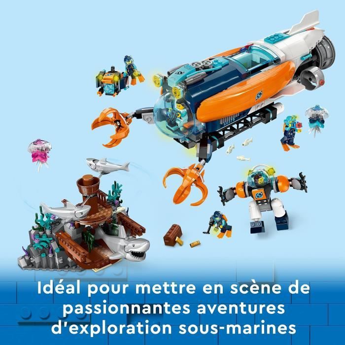 LEGO City 60379 Le Sous-Marin d’Exploration en Eaux Profondes Jouet avec Plongeur et Requin