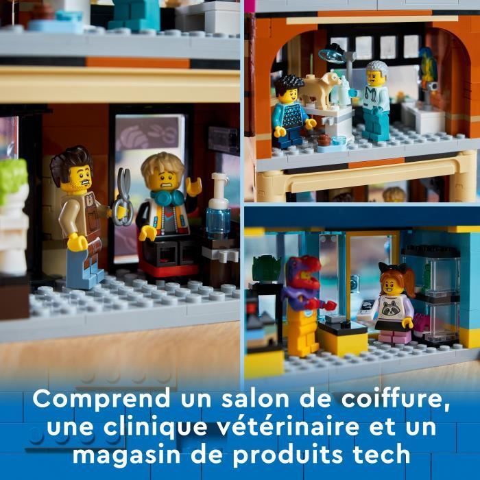 LEGO City 60380 Le Centre-Ville Jouet de Maquettes avec Salon de Coiffure Vétérinaire et Hôtel