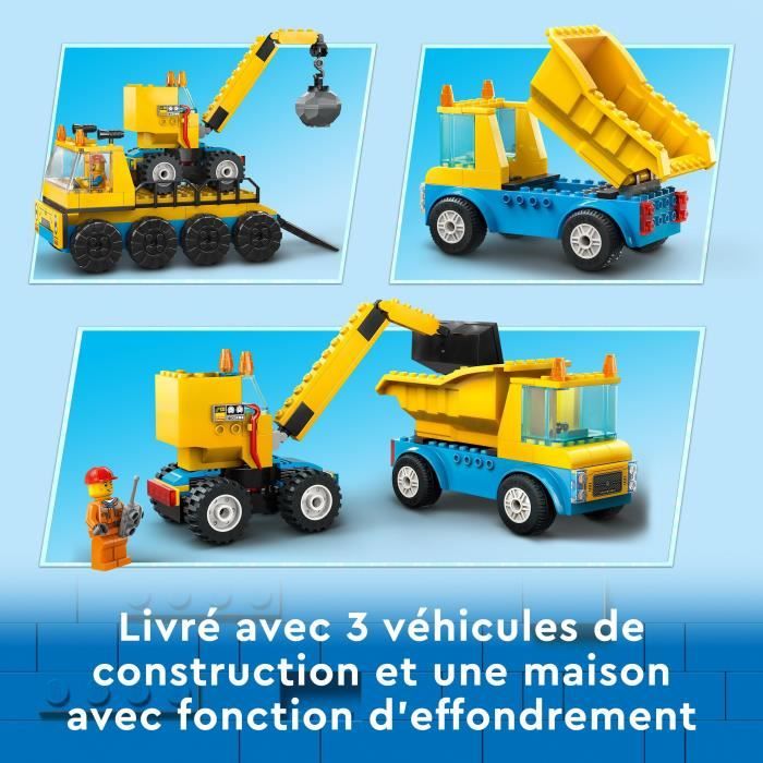 LEGO City 60391 Les Camions de Chantier et la Grue a Boule de Démolition Jouet de Engin de Construction