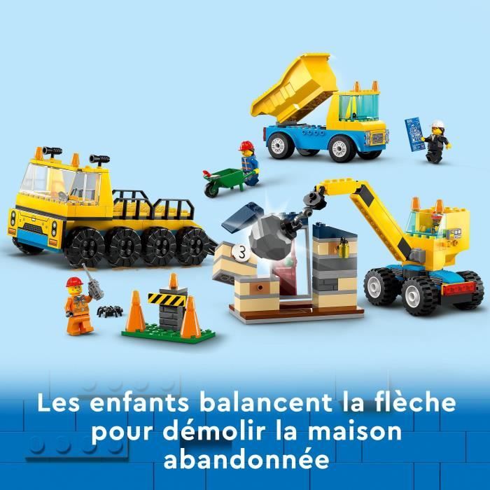 LEGO City 60391 Les Camions de Chantier et la Grue a Boule de Démolition Jouet de Engin de Construction