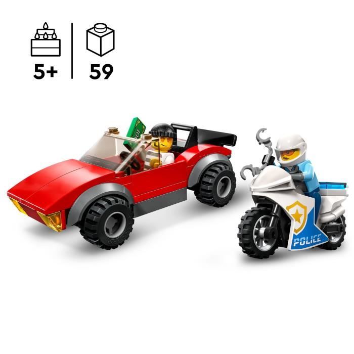 LEGO City 60392 La Course-Poursuite de la Moto de Police Jouet Voiture de Course et 2 Policiers