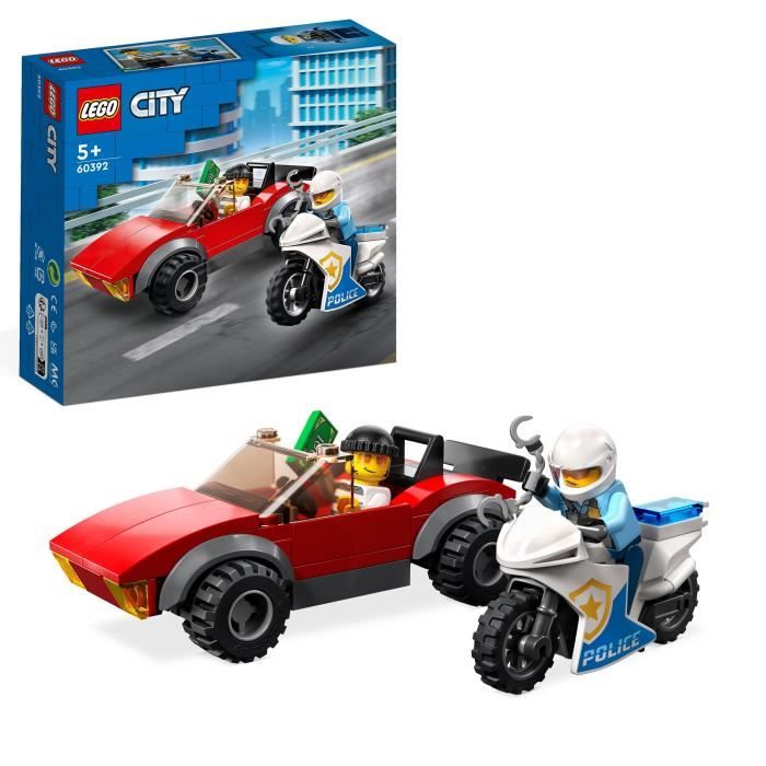 LEGO City 60392 La Course-Poursuite de la Moto de Police Jouet Voiture de Course et 2 Policiers