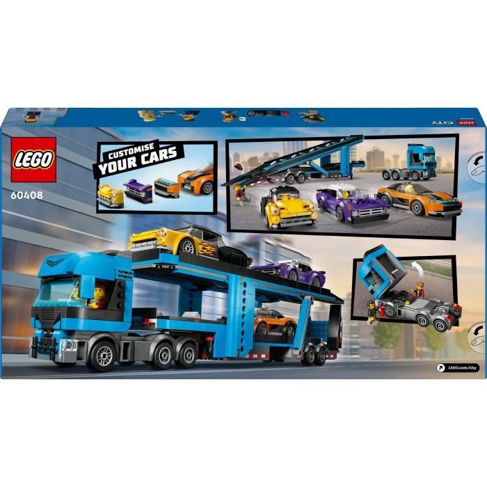 Camion de transport LEGO City 60408 avec voitures de course colorées pour enfants