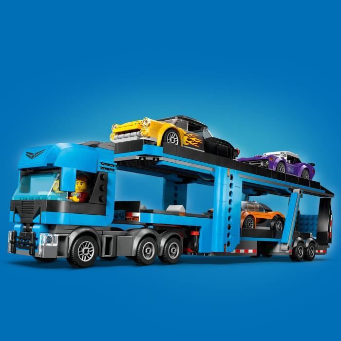 Camion de transport LEGO City avec voitures de course colorées pour enfants