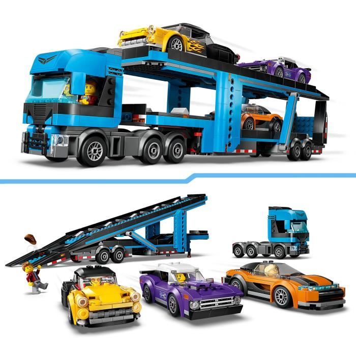 Camion bleu LEGO City transportant des voitures toy colorées pour enfants