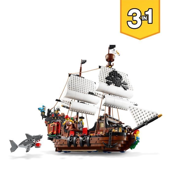 LEGO Creator 3-en-1 31109 Le Bateau Pirate Jouet Figurine Animaux Marins Jouet Requin Figurine Squelette Enfants 9 Ans