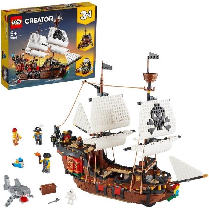 LEGO Creator 3-en-1 31109 Le Bateau Pirate Jouet Figurine Animaux Marins Jouet Requin Figurine Squelette Enfants 9 Ans