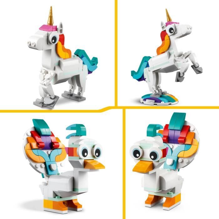 LEGO Creator 3-en-1 31140 La Licorne Magique Jouet Hippocampe et Paon Figurines d’Animaux