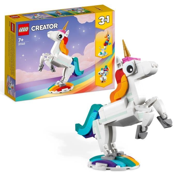 LEGO Creator 3-en-1 31140 La Licorne Magique Jouet Hippocampe et Paon Figurines d’Animaux