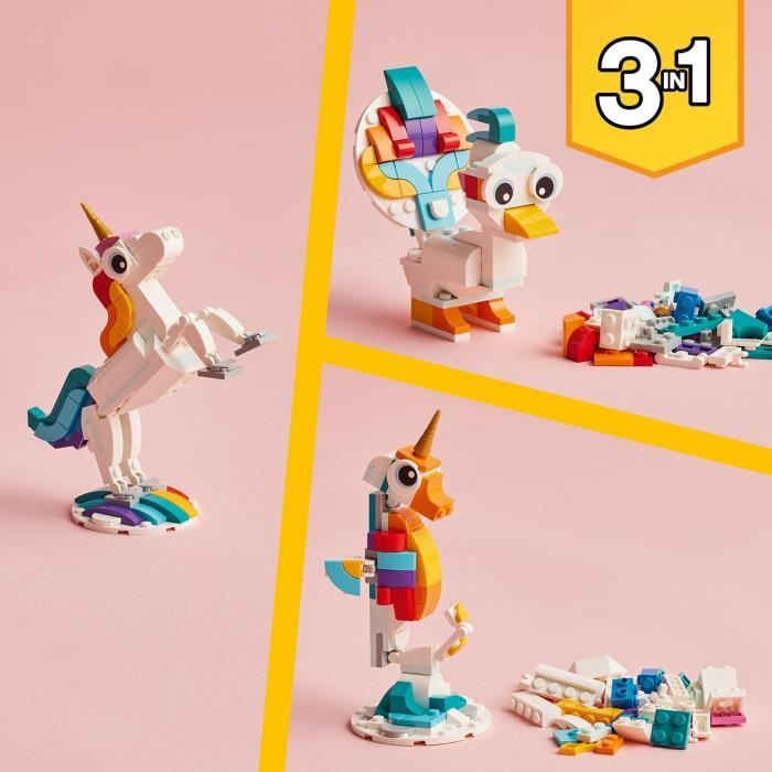 LEGO Creator 3-en-1 31140 La Licorne Magique Jouet Hippocampe et Paon Figurines d’Animaux