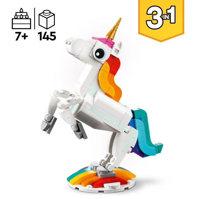 LEGO Creator 3-en-1 31140 La Licorne Magique Jouet Hippocampe et Paon Figurines d’Animaux