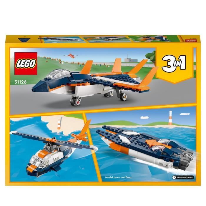 LEGO Creator 31126 L’Avion Supersonique Jouet 3 en 1 Hélicoptere Bateau Avion