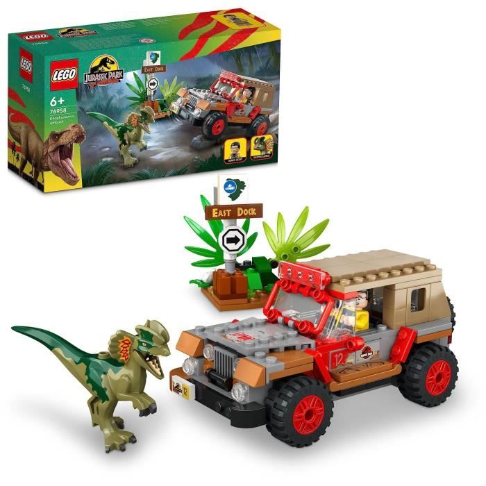 LEGO Jurassic Park 76958 L’Embuscade du Dilophosaure Jouet de Dinosaure avec Voiture Jeep