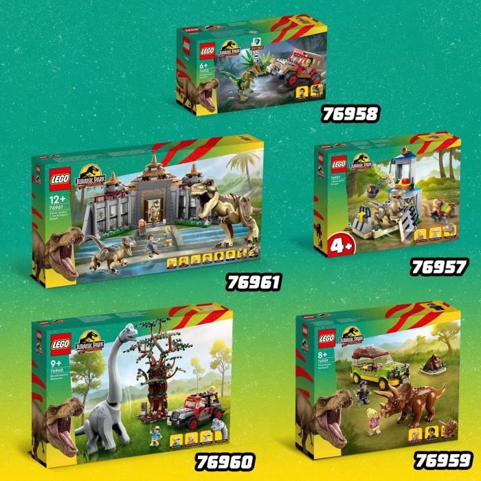 Collection de sets LEGO Jurassic Park avec dinosaures et scènes emblématiques