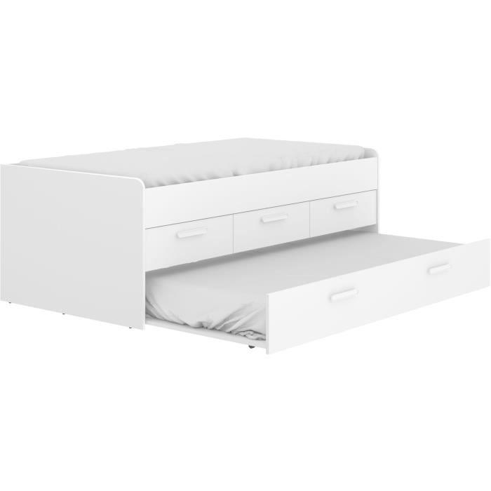 LEKA Lit enfant gigogne - 2 x 90 x 190 - 3 tiroirs - Mélaminé blanc - Paloma Tech