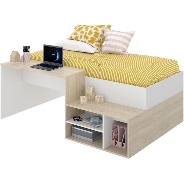 Lit combiné enfant KRIC - Chene naturel et blanc - Bureau et rangement - 90x190 cm - Paloma Tech