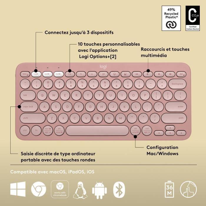 LOGITECH - Clavier sans fil - Pebble Keys 2 K380s - Bluetooth - Bouton Easy - Switch - Rose - (920 - 011805) - Paloma Tech