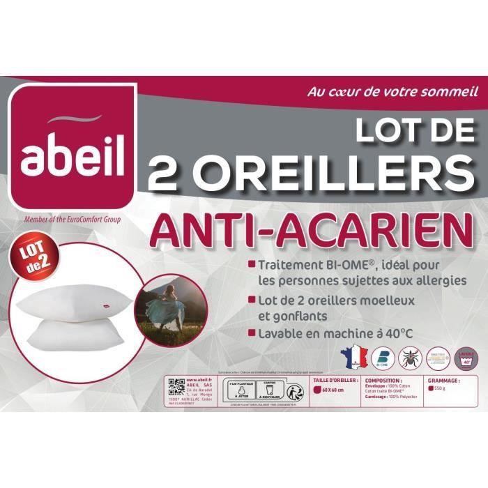 Lot de 2 oreillers anti - acariens - 60 x 60 cm - 100% coton traité Biome - ABEIL - Paloma Tech