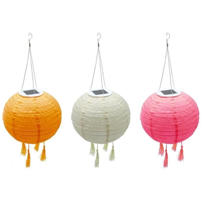 Lot de 3 lampions solaires - LUMISKY - SHANGRI LA - H20 cm - Rose, creme et orange - LED blanc chaud LUMISKY