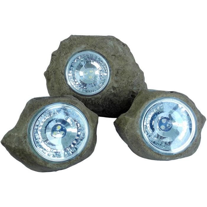 Lot de 3 rochers solaires de jardin a poser - LUMISKY - ROCKY BROWN - 14 et 9 cm - Balisage - LED blanc LUMISKY