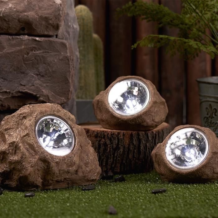 Lot de 3 rochers solaires de jardin a poser - LUMISKY - ROCKY BROWN - 14 et 9 cm - Balisage - LED blanc LUMISKY