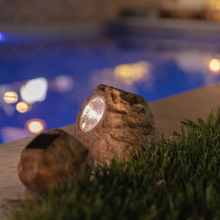 Lot de 3 rochers solaires de jardin a poser - LUMISKY - ROCKY BROWN - 14 et 9 cm - Balisage - LED blanc LUMISKY