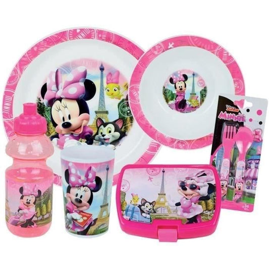 Lot Vaisselle Disney Minnie - FUN HOUSE - 006377 - Verre Assiette Creuse Assiette Plate Gourde Boîte Goûter et Couverts