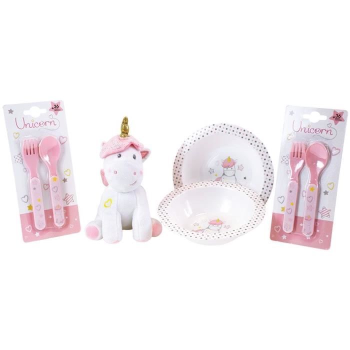 Lot Vaisselle Licorne pour Enfant - FUN HOUSE - 006319 - 2 Assiettes 2 Sets de Couverts et 1 Peluche Douce