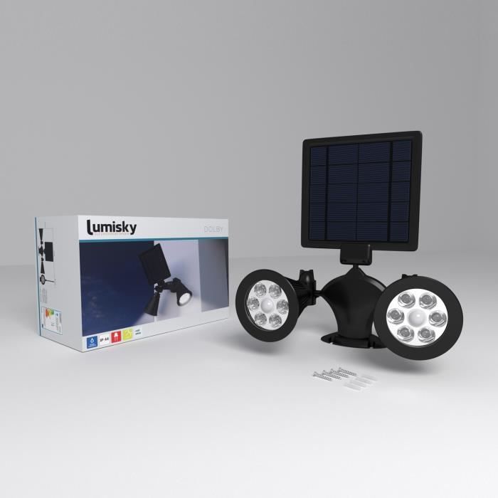 LUMISKY Projecteur double spot solaire extérieur étanche avec détecteur- 12 LEDs - 600 Lm LUMISKY