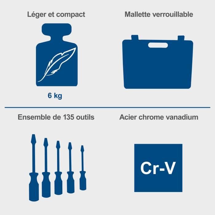 Icônes représentant les caractéristiques de la Malette à outils de 135 pièces en acier chrome vanadium