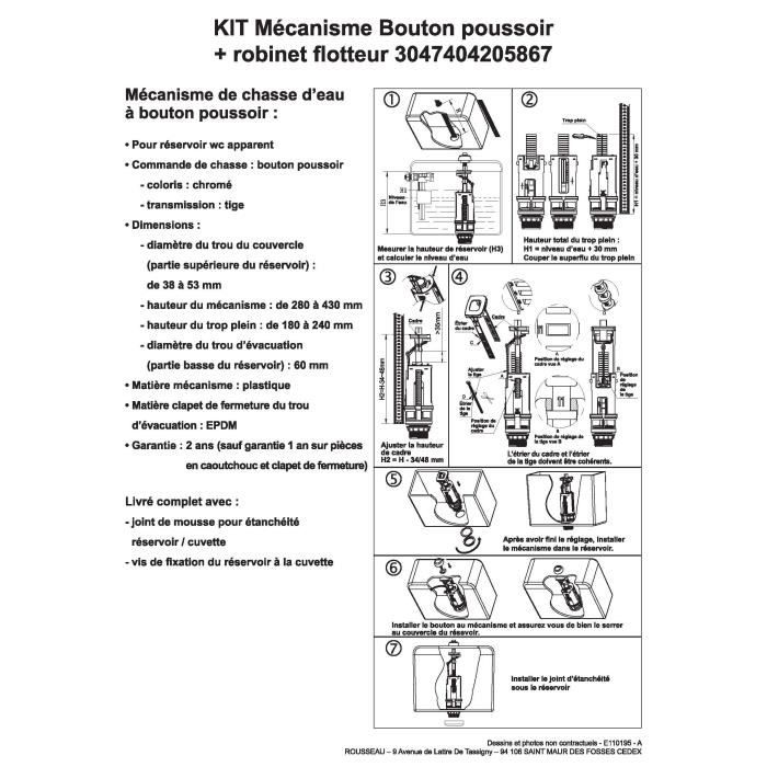 Mécanisme chasse d’eau ajustable ROUSSEAU avec robinet flotteur pour réservoir WC apparent et encastré