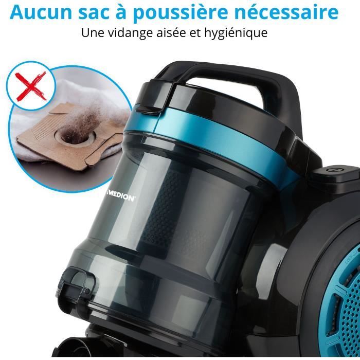 MEDION MD 19407 Aspirateur Cyclonique sans sac - Puissance 800W - Capacité bac a poussiere 2 L - Filtre HEPA