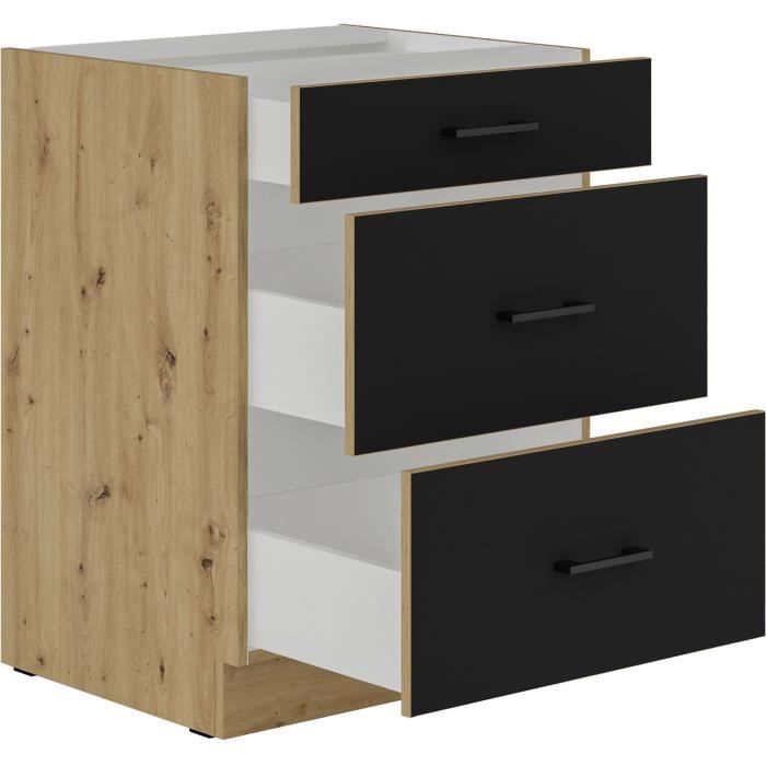 Meuble bas casserolier - MODENA - 60 cm - 3 tiroirs - Chene artisan et noir mat - CUISINIER