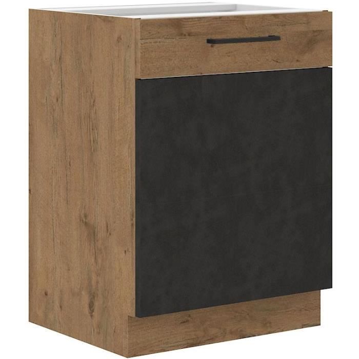 Meuble bas ROCK - Mélaminé décor chene lancelot et gris matera - 1 porte - L60 x H82 cm