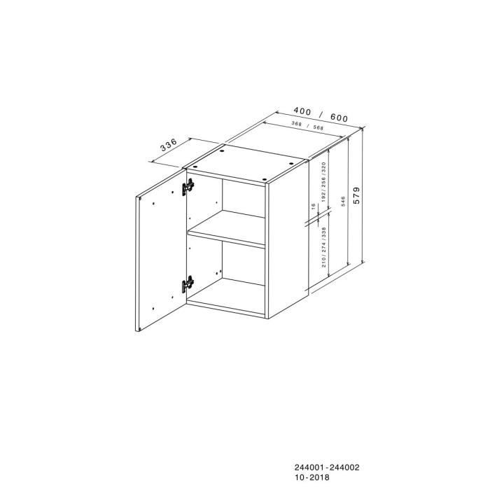 Meuble haut de cuisine OSLO - Blanc mat - 1 porte + tablette - L 40 x P 36 x H 58 cm