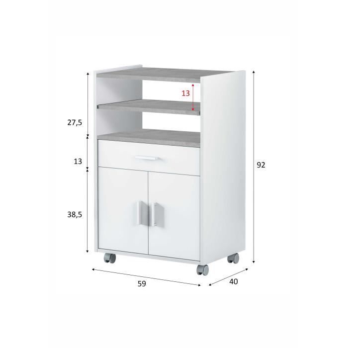 Meuble micro-ondes TIDY - Blanc artik béton - 2 Portes + 1 Tiroir - L92 x H59 x P40 cm