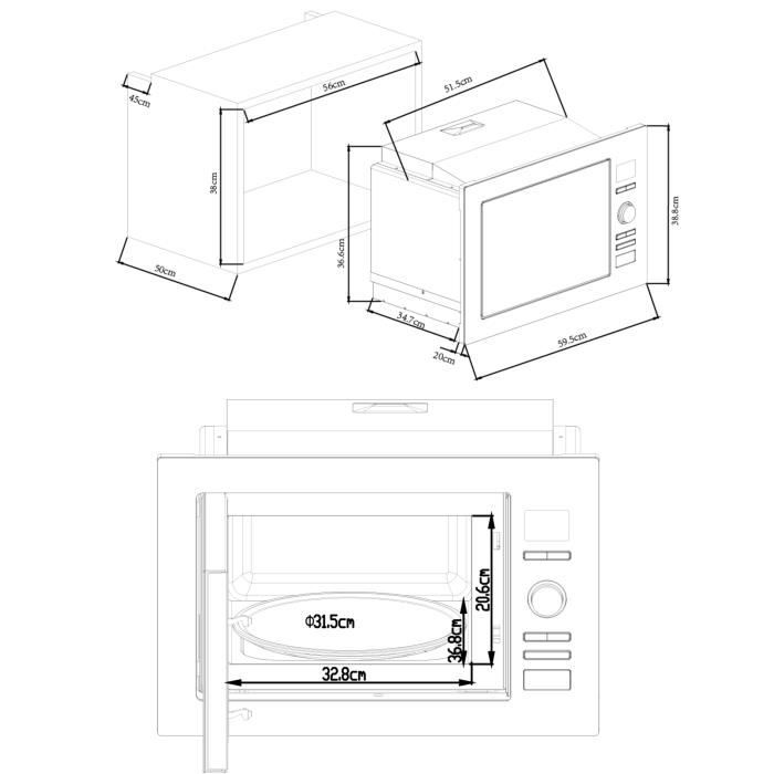 Micro ondes grill encastrable CONTINENTAL EDISON CEMO25GINE Noir Inox L59,5 x H38,8 x P40,1 cm 25L CONTINENTAL EDISON